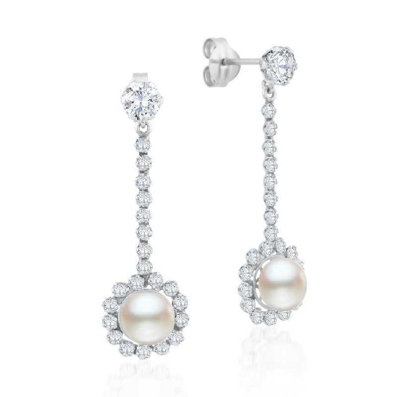 Pendientes Mujer Oro Blanco Circonitas Perla Long