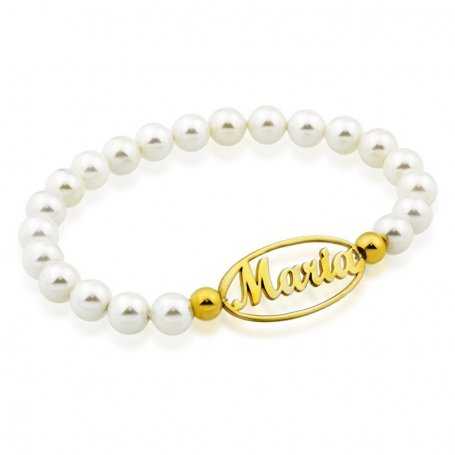 Pulsera Perlas Con Nombre Personalizado Oro