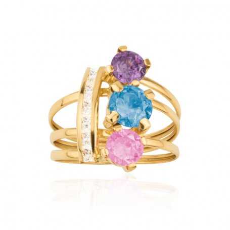 Sortija de Oro 9k tres Piedras de Color Carril Circonitas Rostock