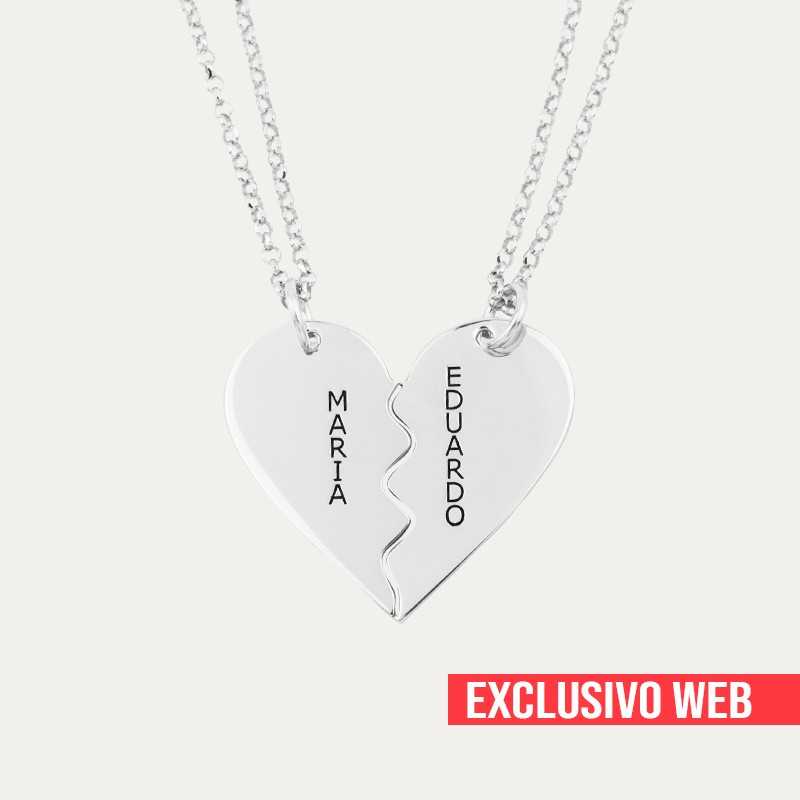 Collar Nombres Personalizados Plata Corazón Dividido