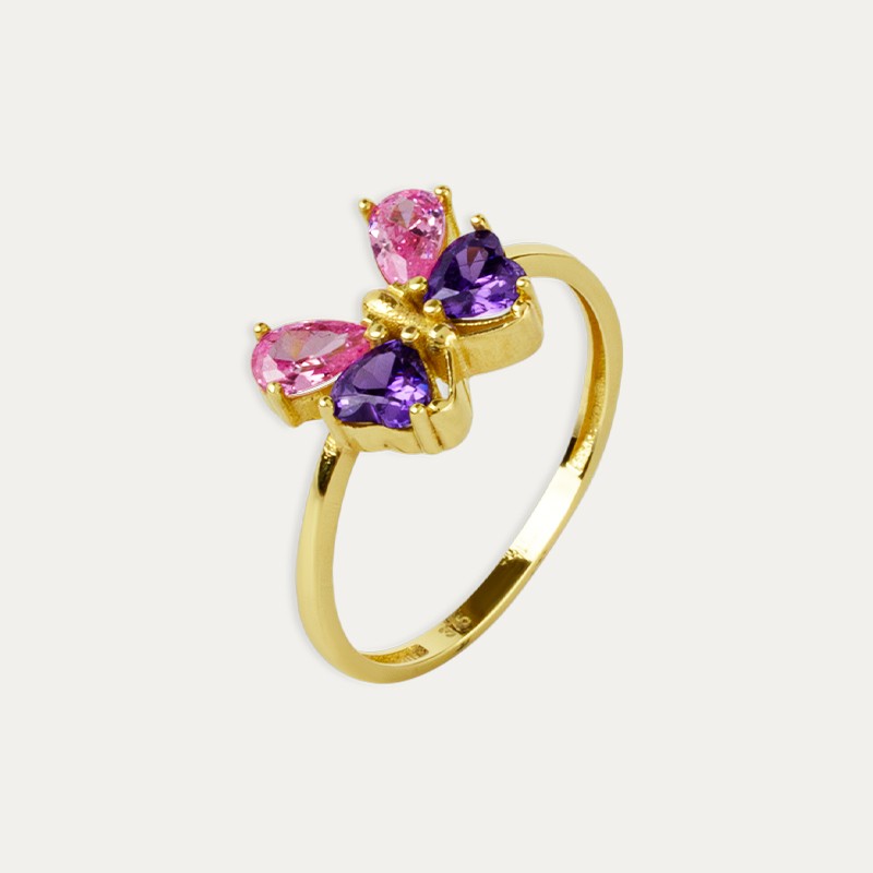 Anillo Oro 9k Mariposa Piedras Color Nectar