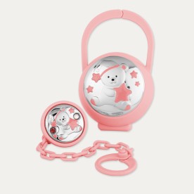 Chupetero Más Portachupetes de Plata Bilaminada con Osito Rosa Funny