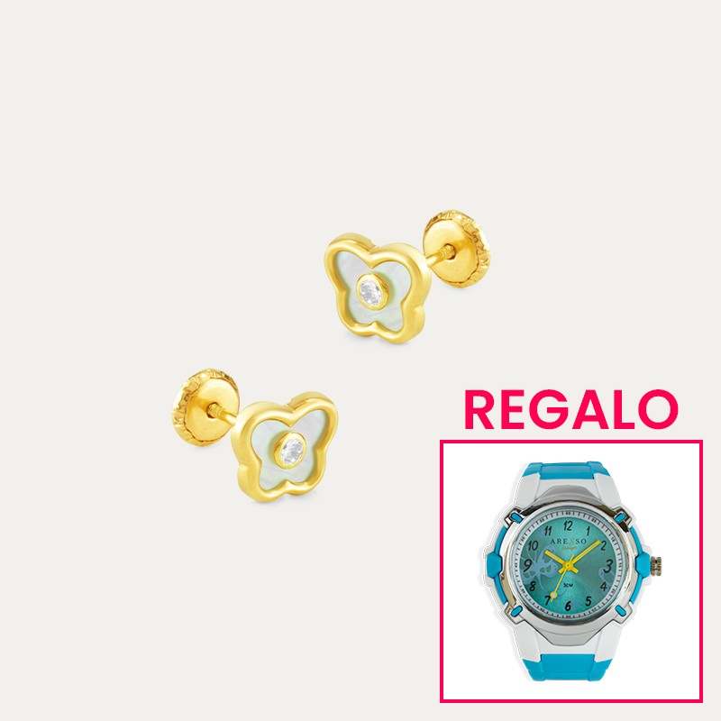 Pendientes Oro 18k Piedra Flower + Regalo Reloj