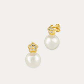 Pendientes Oro Flor Perla Circonitas Povile