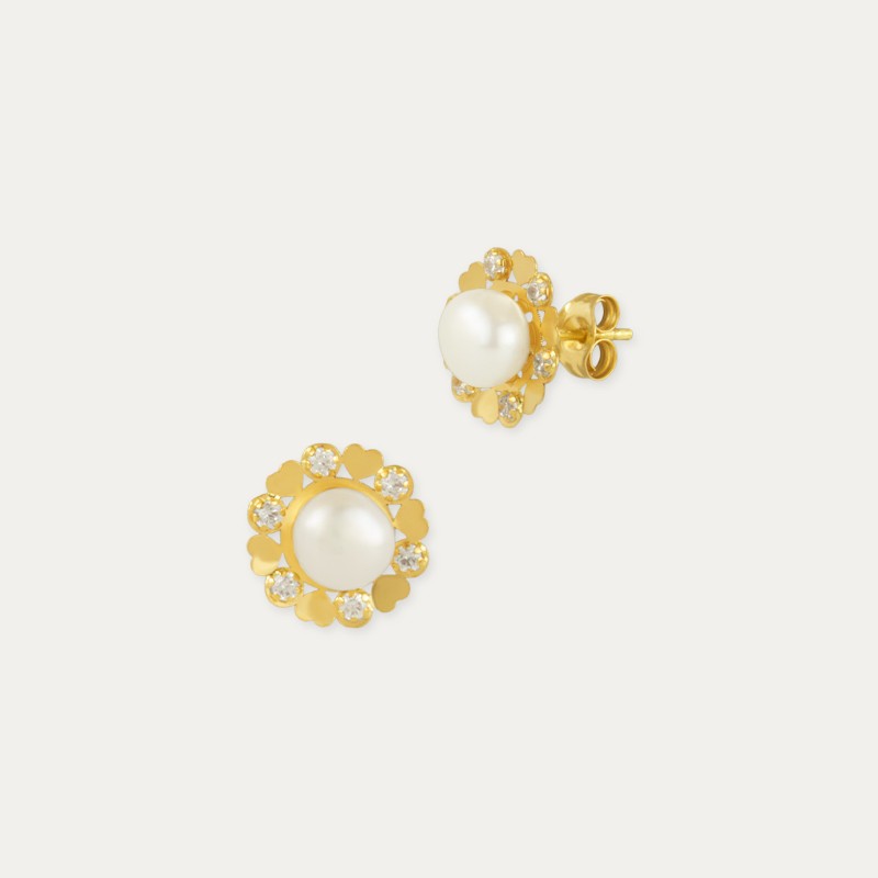 Pendientes Oro Perla Y Circonitas Little