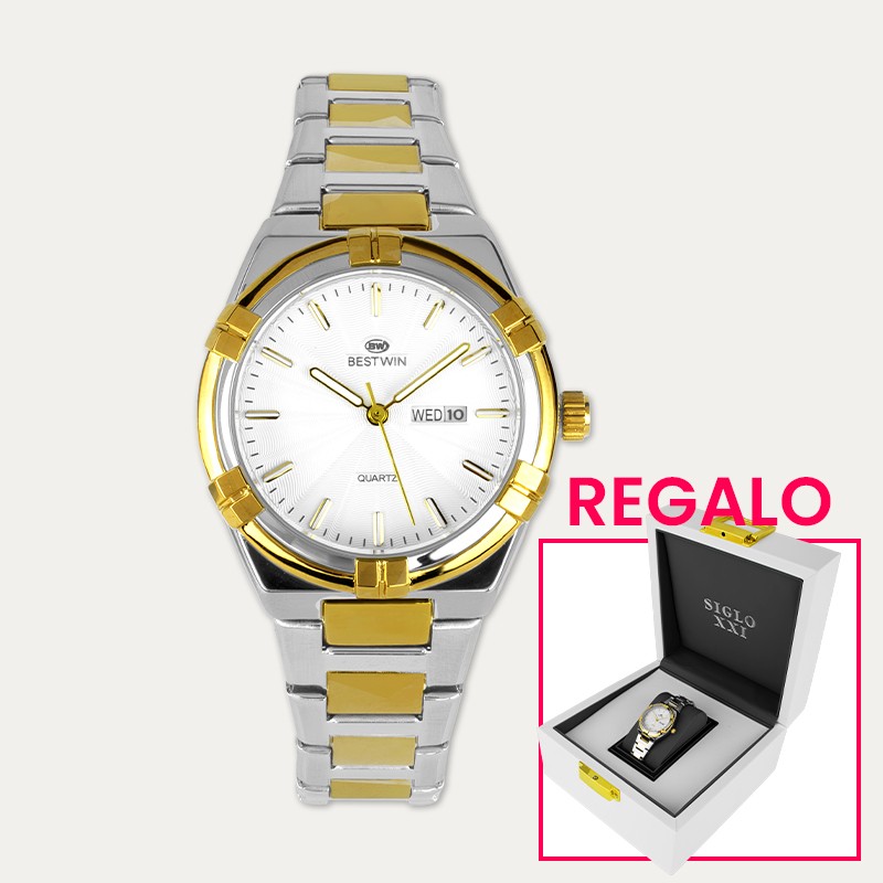 Reloj Acero Bicolor Mujer Blanco Regalo Caja Lujo