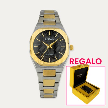 Reloj Acero Mujer Bicolor Negro Regalo Caja Lujo