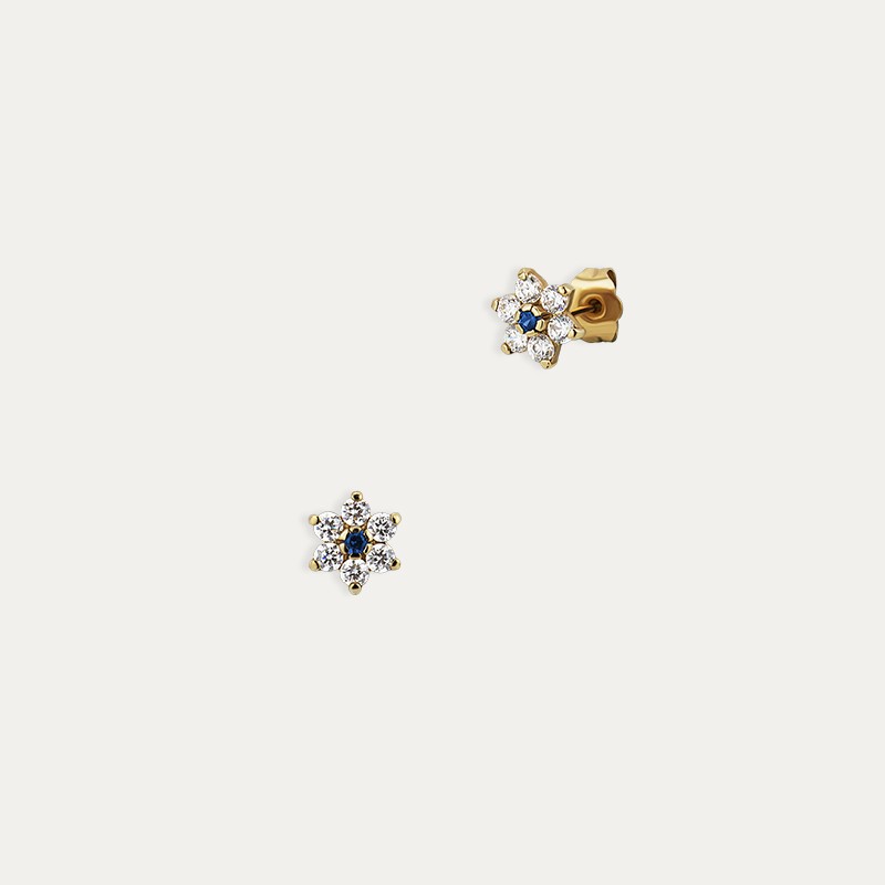 Pendientes Oro 9k Piedra Color Zafiro Flor Circonitas Vents