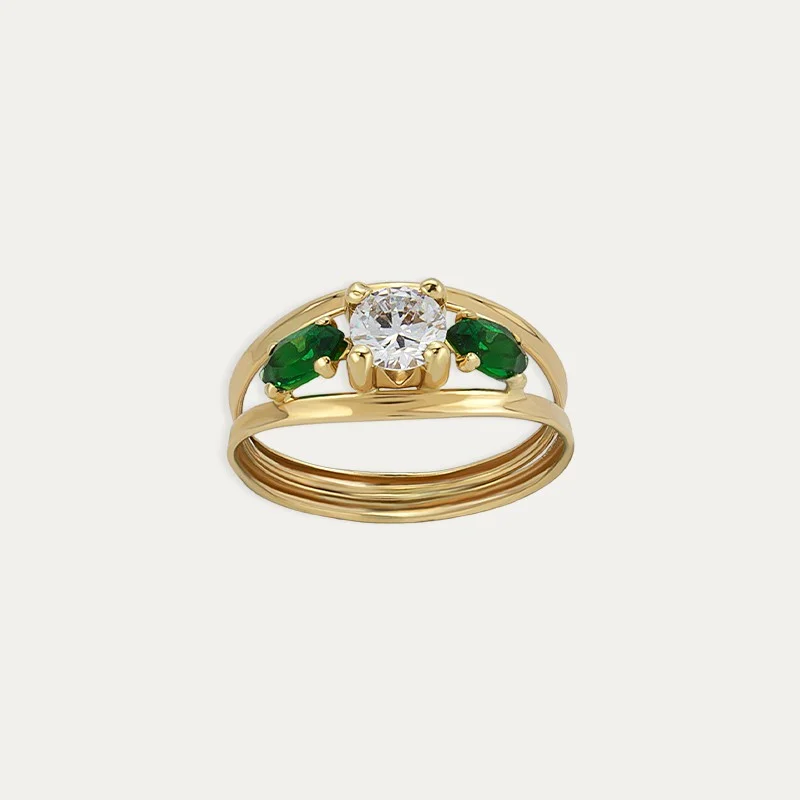 Anillo Oro 18k Circonitas Color Esmeralda Trinity