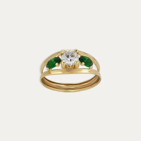Anillo Oro 18k Circonitas Color Esmeralda Trinity