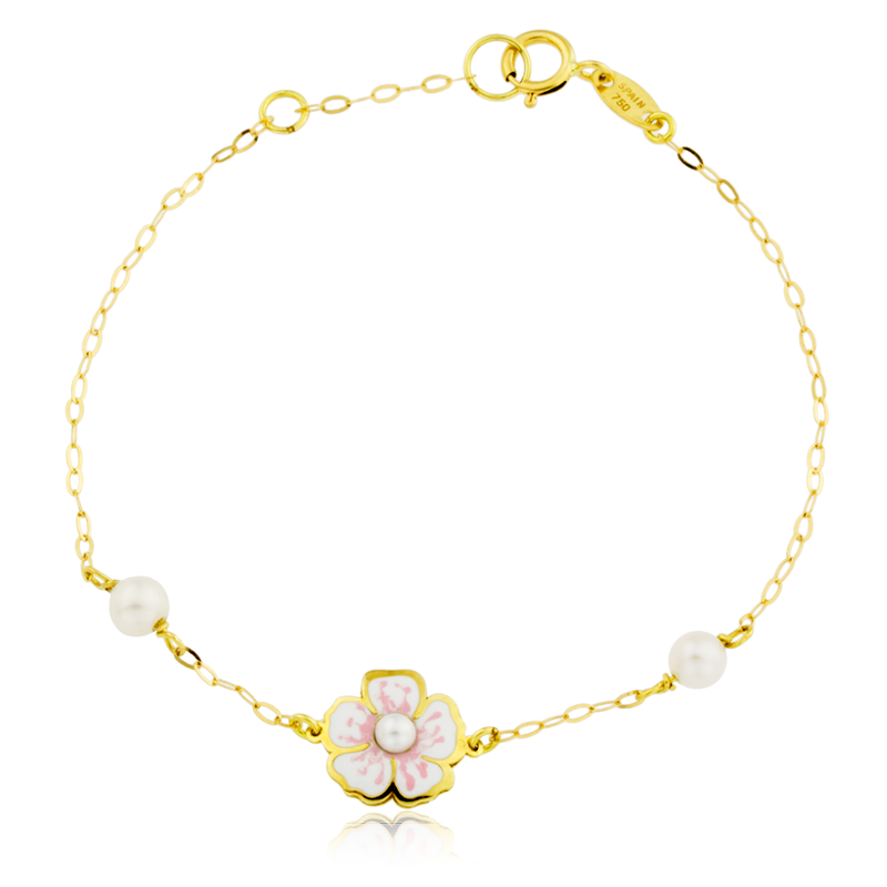 Pulsera infantil con flores esmaltadas y perla en oro de 18k