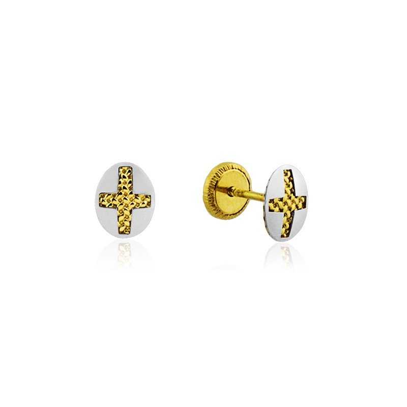 Pendientes Cruz Ovalados Bicolor Oro 18K