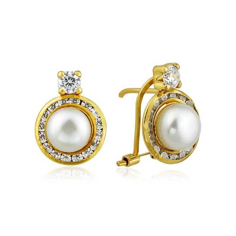 Pendientes Circulares Circonita y Perla Oro 18K