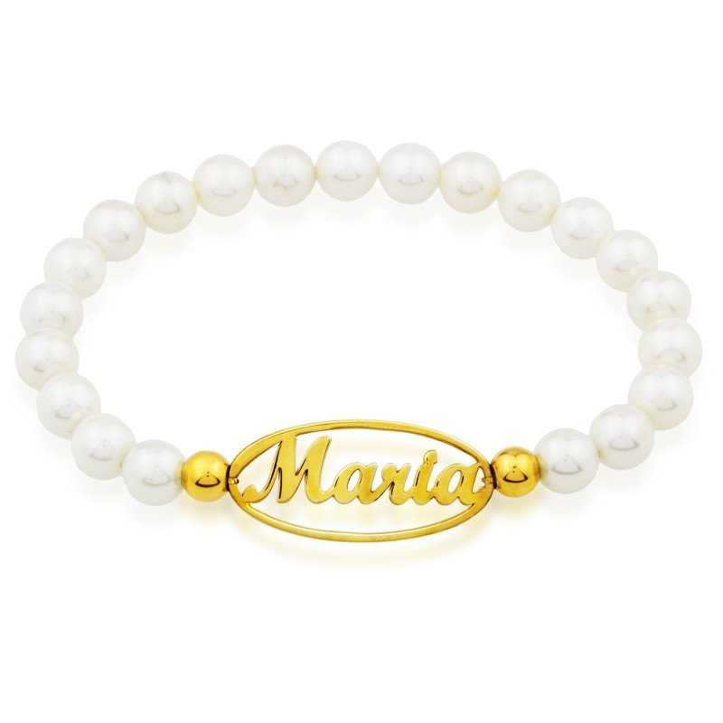 Pulsera Perlas Personalizada Nombre en Plata Dorada